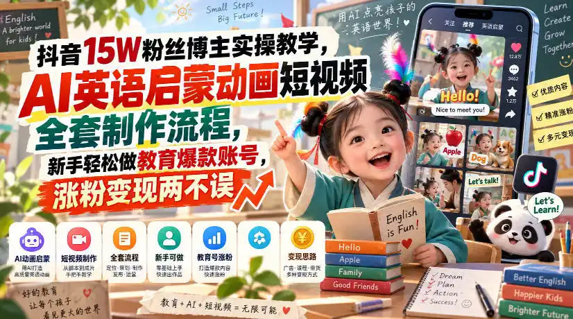 抖音15W粉丝博主实操教学，AI英语启蒙动画短视频全套制作流程，新手轻松做教育爆款账号，涨粉变现两不误-聚创源