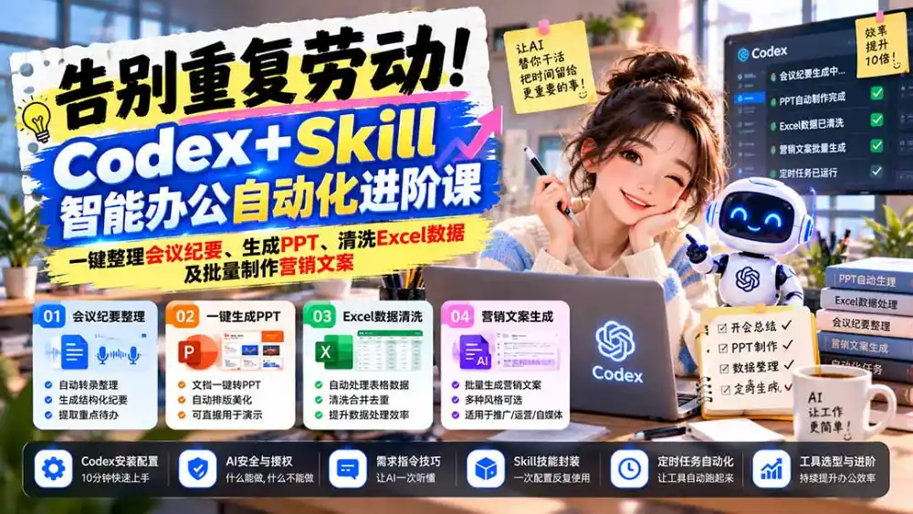 告别重复劳动！Codex+Skill智能办公自动化进阶课：一键整理会议纪要、生成PPT、清洗Excel数据及批量制作营销文案-聚创源