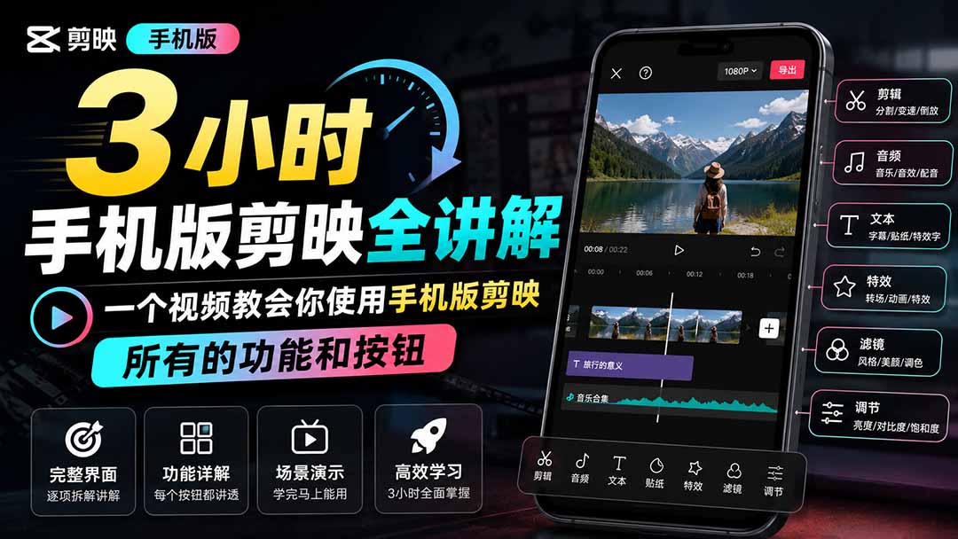 3小时手机版剪映全讲解，一个视频教会你使用手机版剪映，所有的功能和按钮-聚创源