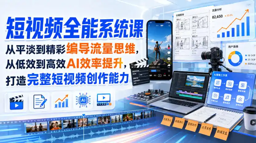 短视频全能系统课，从平淡到精彩编导流量思维，从低效到高效AI效率提升，打造完整短视频创作能力(2026年8月30更新233集)-聚创源