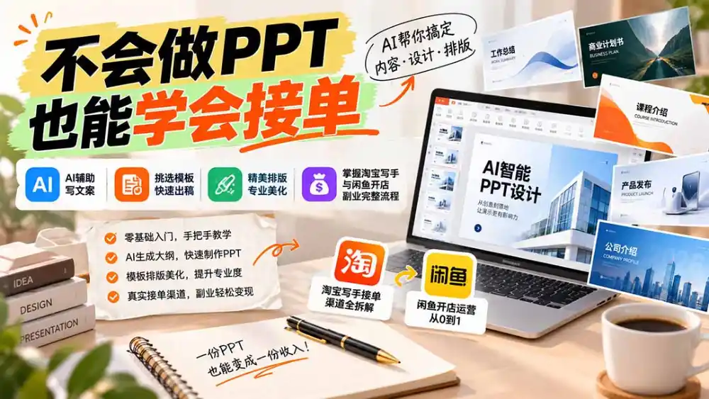 不会做PPT也能学会接单：AI辅助写文案、挑模板、做排版，掌握淘宝写手与闲鱼开店副业完整流程-聚创源
