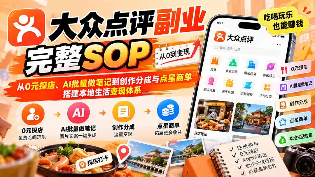 【无水印】大众点评副业完整SOP：从0元探店、AI批量做笔记到创作分成与点星商单，搭建本地生活变现体系-聚创源