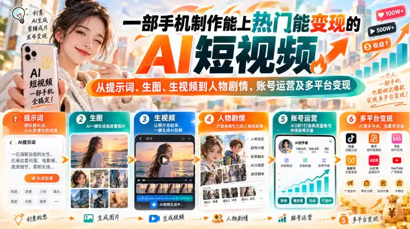 【无水印】一部手机制作能上热门能变现的AI短视频，从提示词、生图、生视频到人物剧情、账号运营及多平台变现-聚创源