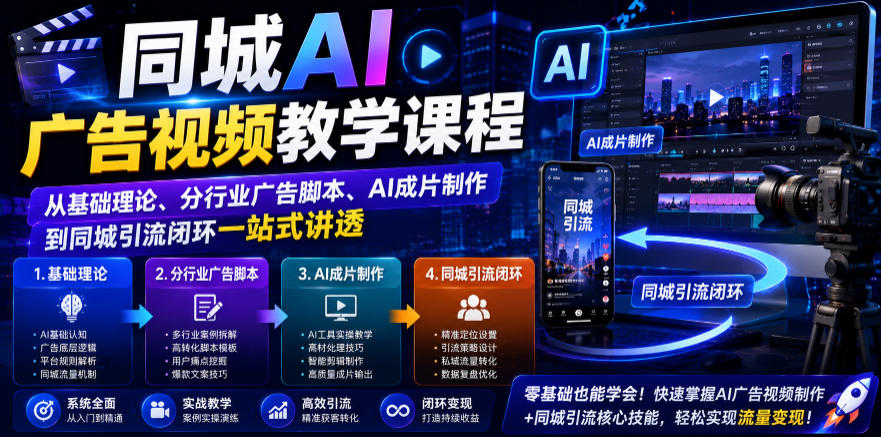 同城AI广告视频教学课程，从基础理论、分行业广告脚本、AI成片制作到同城引流闭环一站式讲透-聚创源