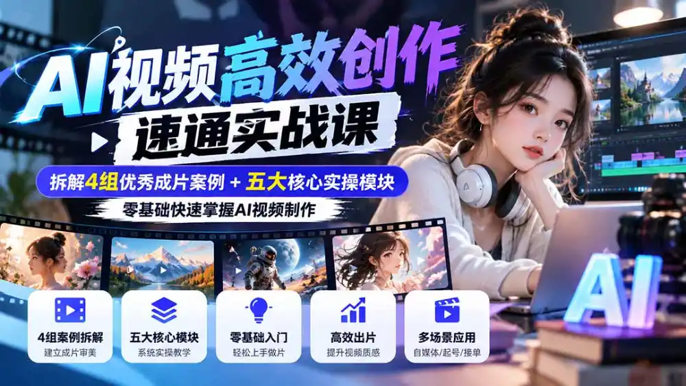 【无水印】AI视频高效创作速通实战课:拆解4组优秀成片案例+五大核心实操模块,零基础快速掌握AI视频制作-聚创源