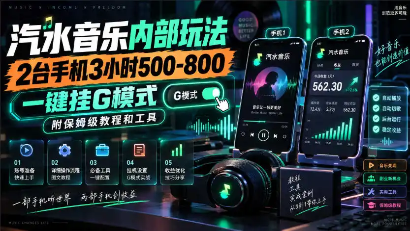 汽水音乐内部玩法，2台手机3小时500-800，一键挂G模式，附保姆级教程和工具【揭秘】-聚创源