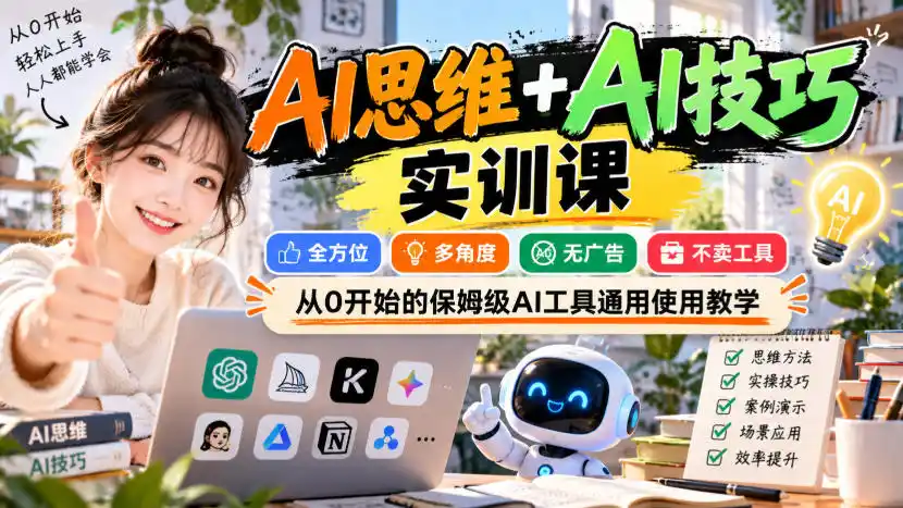 【无水印】AI思维+AI技巧实训课，全方位、多角度、无广告、不卖工具，从0开始的保姆级AI工具通用使用教学-聚创源