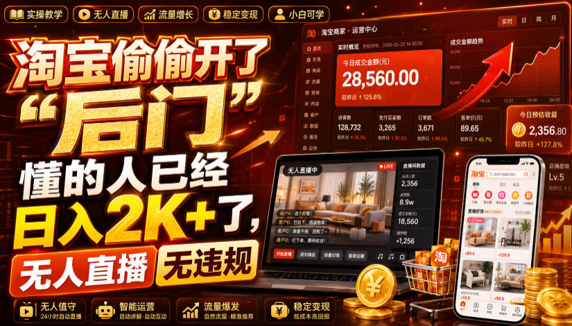 淘宝偷偷开了“后门”,懂的人已经日入2K+了,无人直播无违规,一台电脑=一家24小时营业的线上门店【揭秘】-聚创源