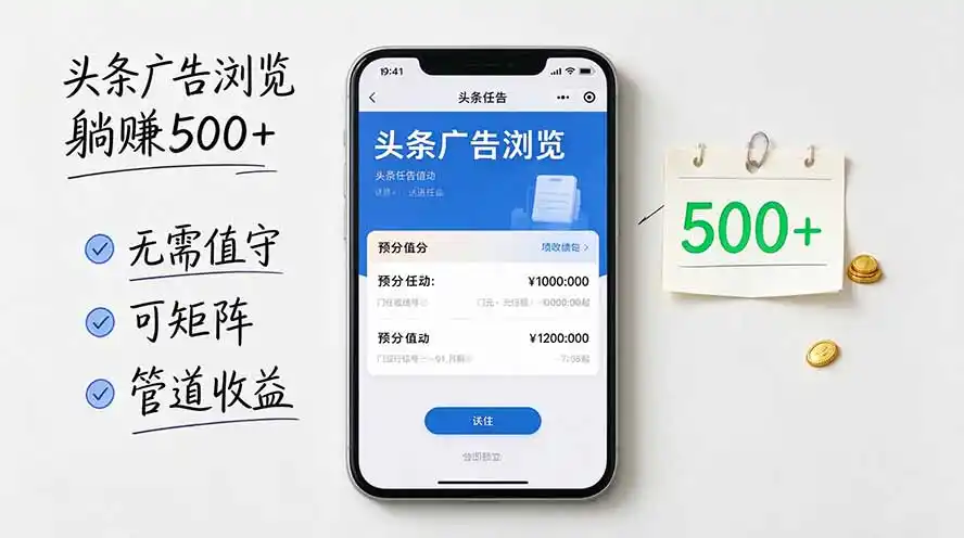 头条广告浏览躺赚500+无需值守，可矩阵并附有管道收益-聚创源