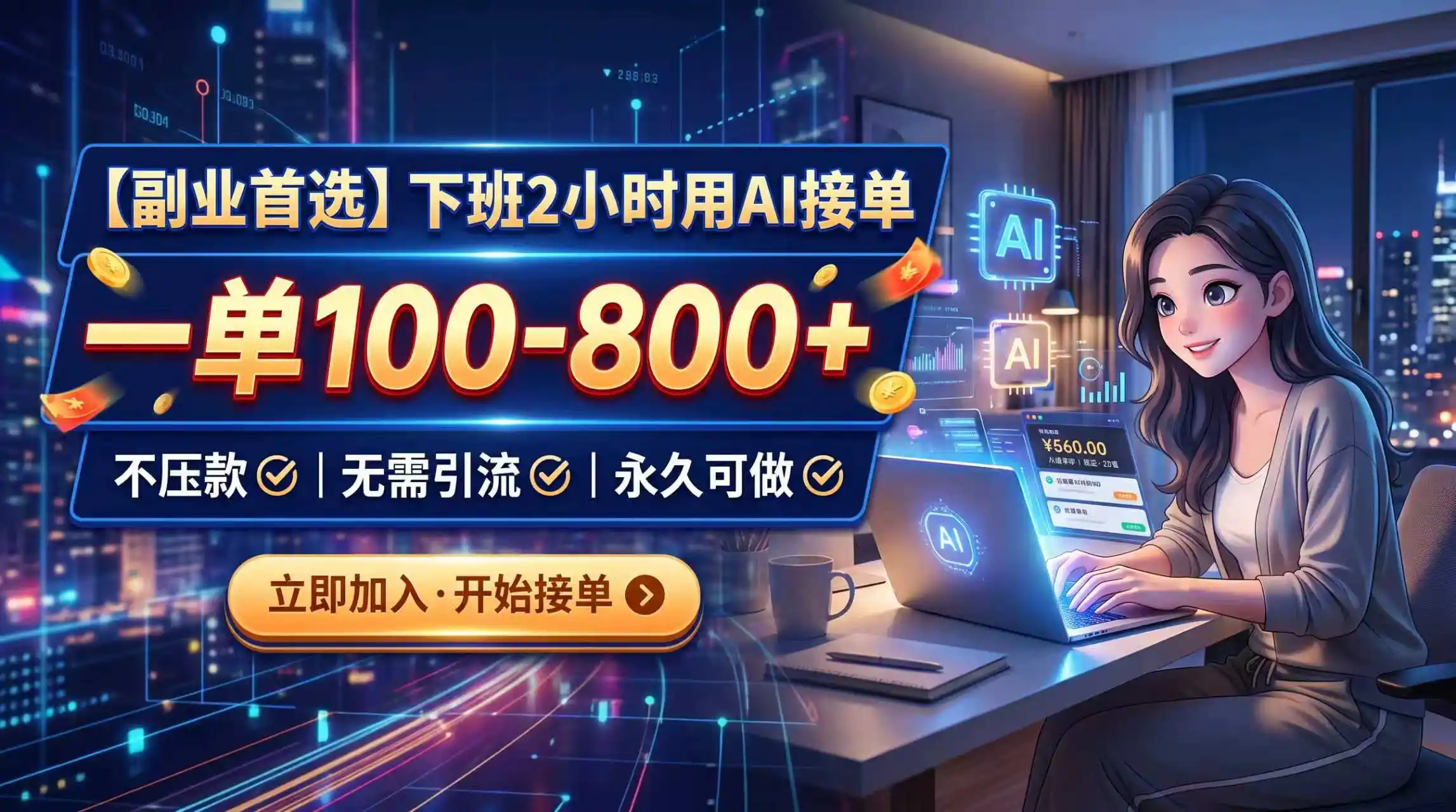 下班2小时用AI接单，一单100-800+，不压款，无需引流，永久可做-聚创源