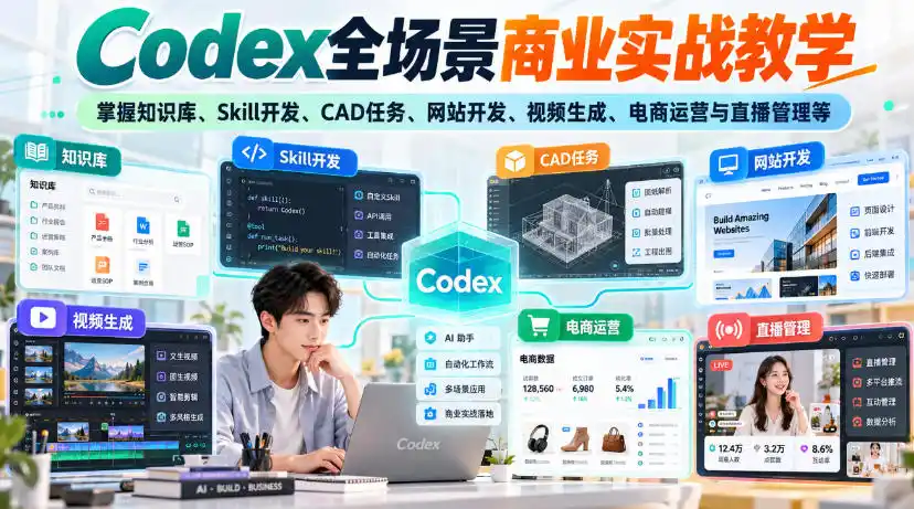 【无水印】Codex全场景商业实战教学，掌握知识库、Skill开发、CAD任务、网站开发、视频生成、电商运营与直播管理等-聚创源