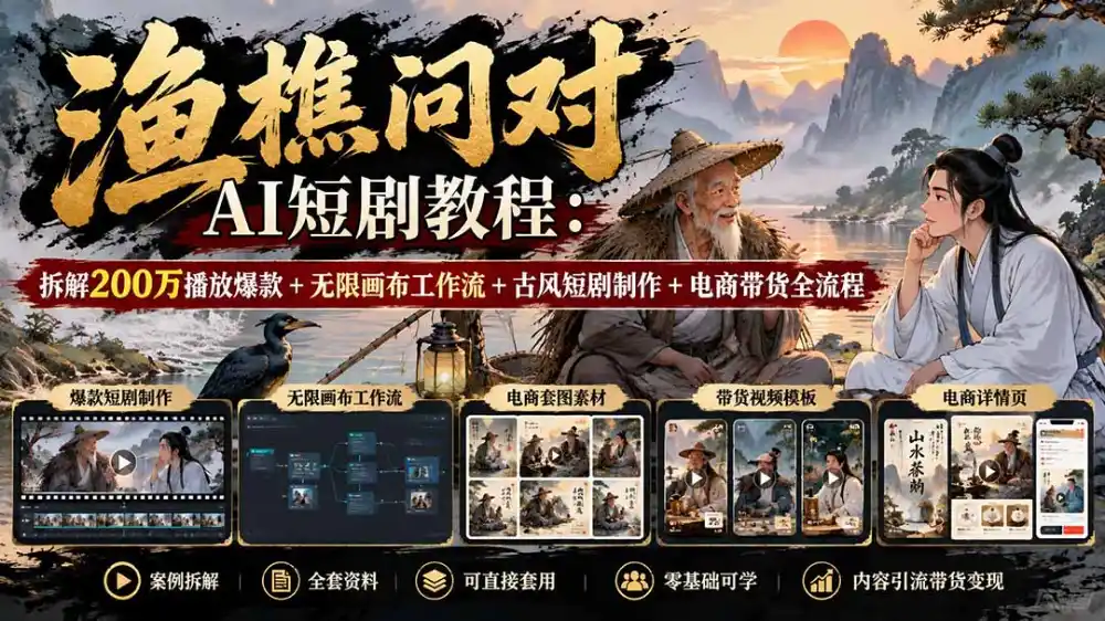 【无水印】渔樵问对AI短剧教程:拆解200万播放爆款+无限画布工作流+古风短剧制作+电商带货全流程-聚创源