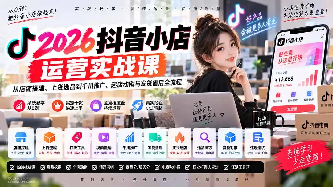 2026抖音小店运营实战课｜从店铺搭建、上货选品到千川推广、起店动销与发货售后全流程-聚创源