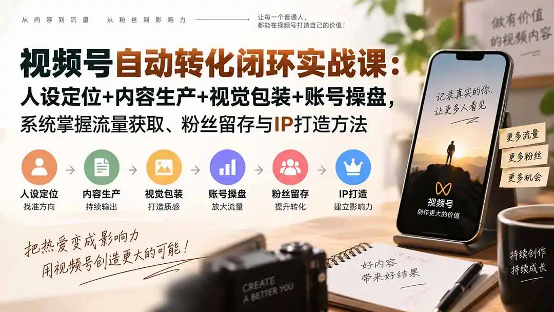 视频号自动转化闭环实战课:人设定位+内容生产+视觉包装+账号操盘,系统掌握流量获取、粉丝留存与IP打造方法-聚创源
