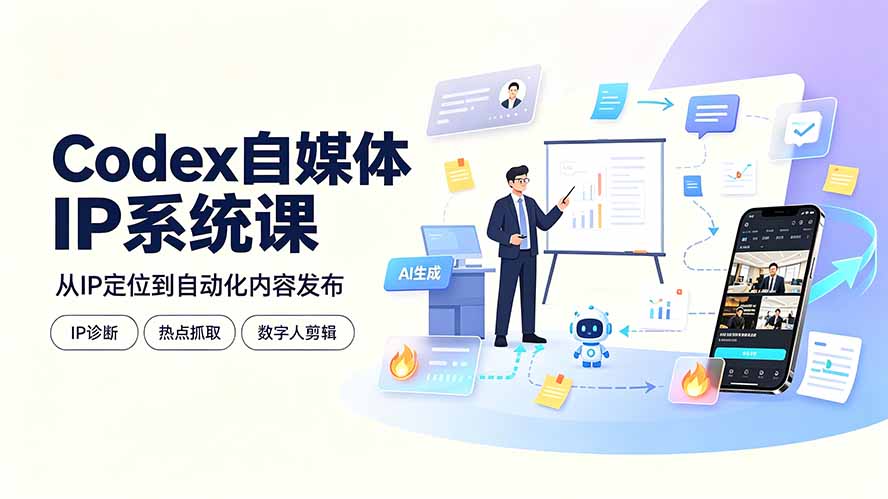 Codex自媒体IP系统课：IP诊断/热点抓取/IP蒸馏 Skill，爆款复刻数字人多平台自动发布教程-聚创源