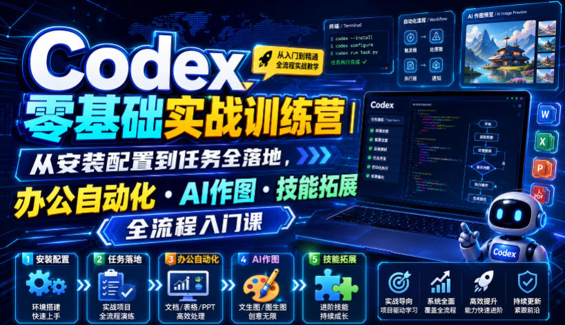 Codex零基础实战训练营|从安装配置到任务全落地,办公自动化・AI作图・技能拓展全流程入门课-聚创源