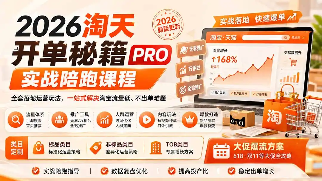 2026淘天开单秘籍PRO实战陪跑课程：全套落地运营玩法，一站式解决淘宝流量低、不出单难题(更新260906