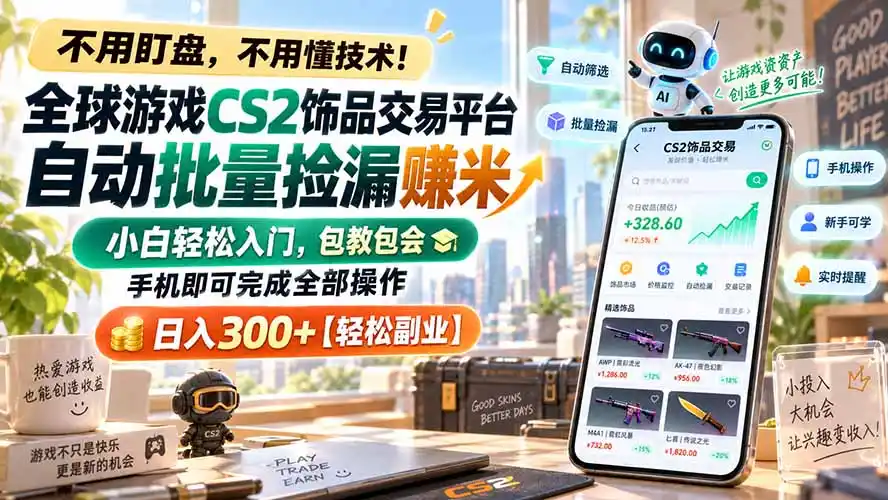 全球游戏CS2饰品交易平台自动批量捡漏赚米，小白轻松入门，包教包会，手机即可完成全部操作，日入300+【轻松副业】-聚创源