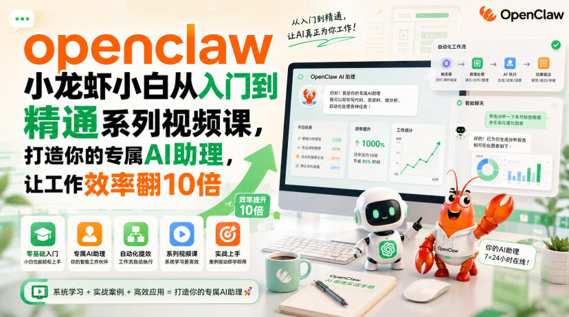 openclaw小龙虾小白从入门到精通系列视频课，打造你的专属AI助理，让工作效率翻10倍-聚创源
