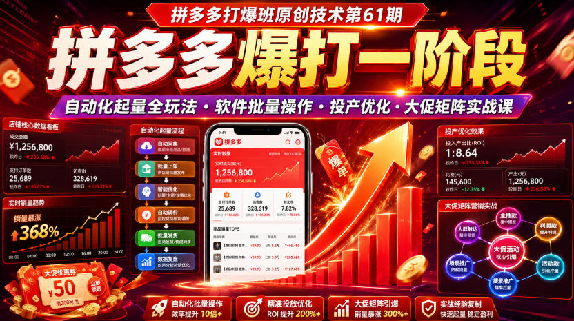 拼多多打爆班原创技术第61期,拼多多爆打一阶段,自动化起量全玩法・软件批量操作・投产优化・大促矩阵实战课-聚创源