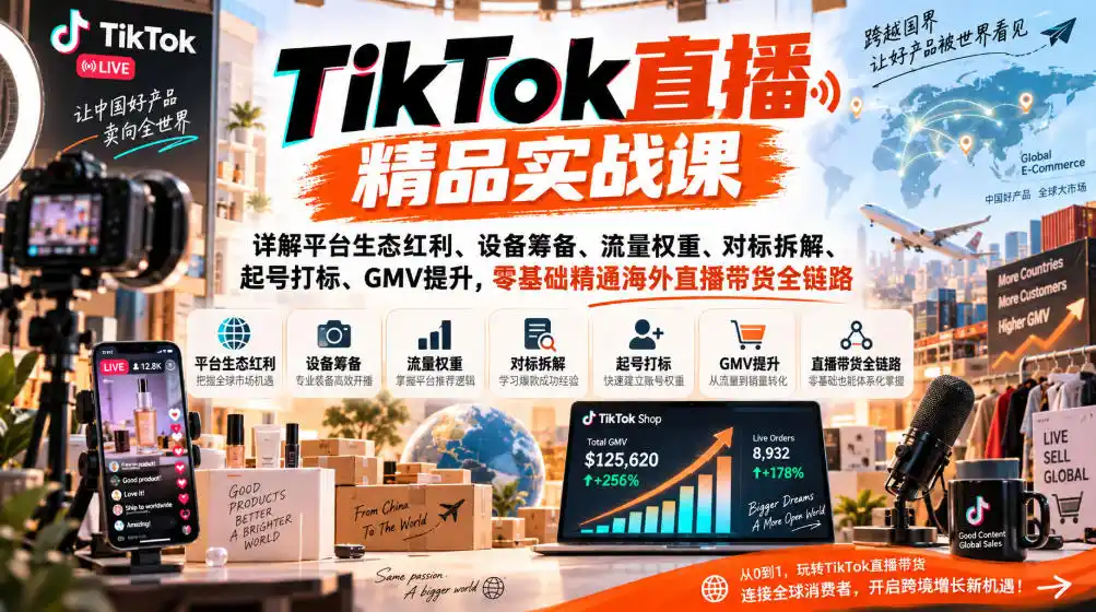 TikTok直播精品实战课,详解平台生态红利、设备筹备、流量权重、对标拆解、起号打标、GMV提升,零基础精通海外直播带货全链路-聚创源