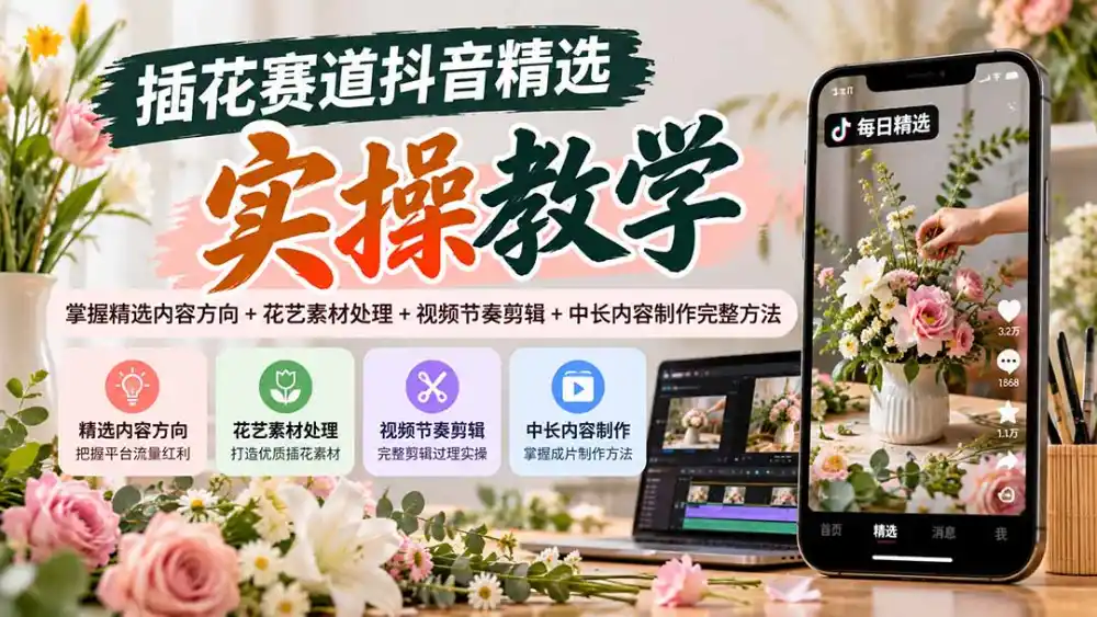 插花赛道抖音精选实操教学：掌握精选内容方向+花艺素材处理+视频节奏剪辑+中长内容制作完整方法-聚创源