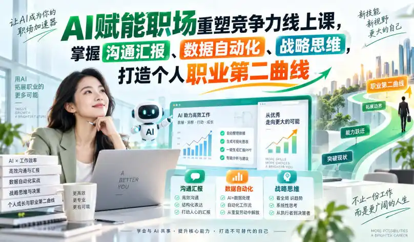 AI赋能职场重塑竞争力线上课，掌握沟通汇报、数据自动化、战略思维，打造个人职业第二曲线-聚创源
