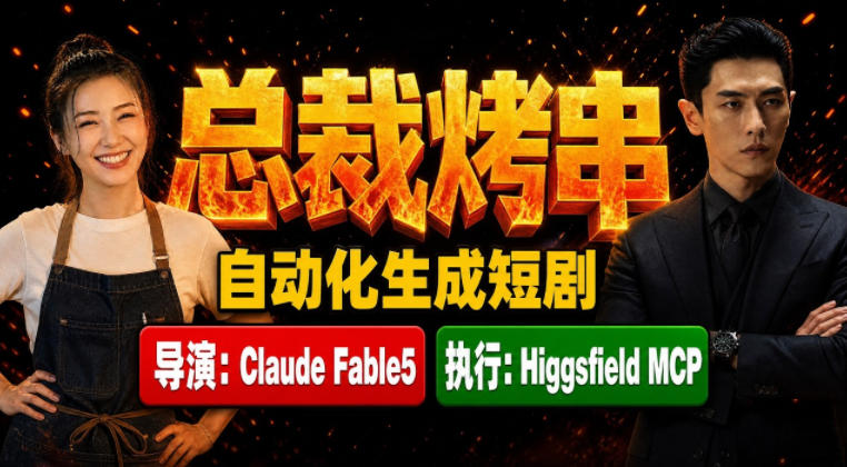 Claude Fable5担任导演+Higgsfield MCP落地执行｜《总裁烤串》真人质感短剧全自动AI生成全流程教学-聚创源
