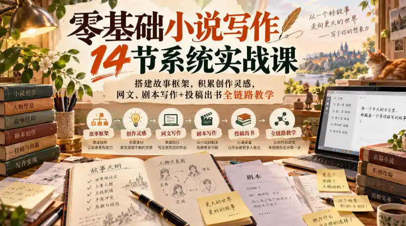 零基础小说写作14节系统实战课，搭建故事框架，积累创作灵感，网文、剧本写作+投稿出书全链路教学-聚创源