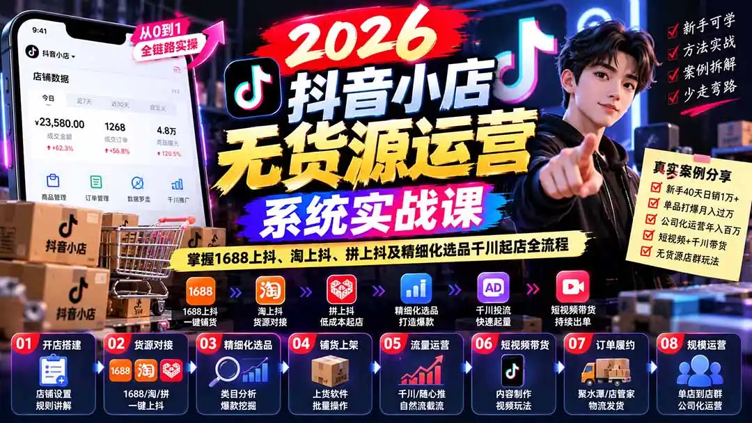 【无水印】2026抖音小店无货源运营系统实战课：掌握1688上抖、淘上抖、拼上抖及精细化选品千川起店全流程-聚创源