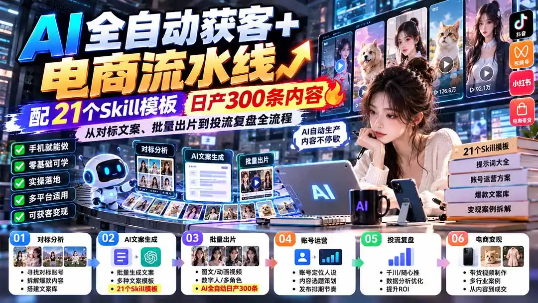 【无水印】AI全自动获客+电商流水线：配21个Skill模板，日产300条内容，从对标文案、批量出片到投流复盘全流程-聚创源