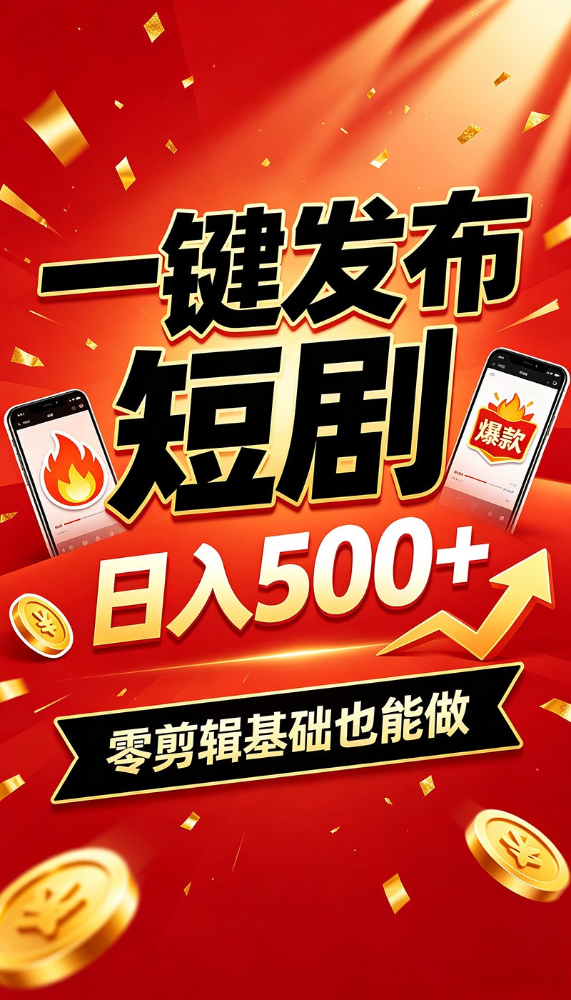 快手短剧一键发布，不用剪辑操作简单，副业日入500+。空闲时间轻松赚收益-聚创源