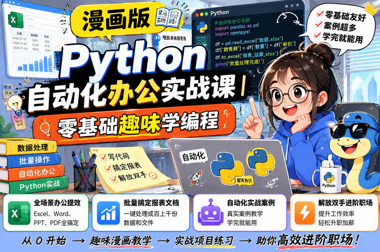 漫画版Python自动化办公实战课|零基础趣味学编程,全场景办公提效、批量搞定报表文档、解放双手进阶职场-聚创源