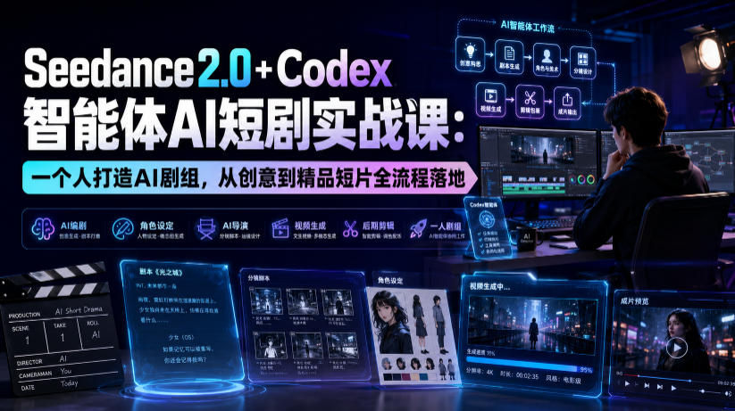 Seedance2.0+Codex智能体AI短剧实战课:一个人打造AI剧组,从创意到精品短片全流程-聚创源