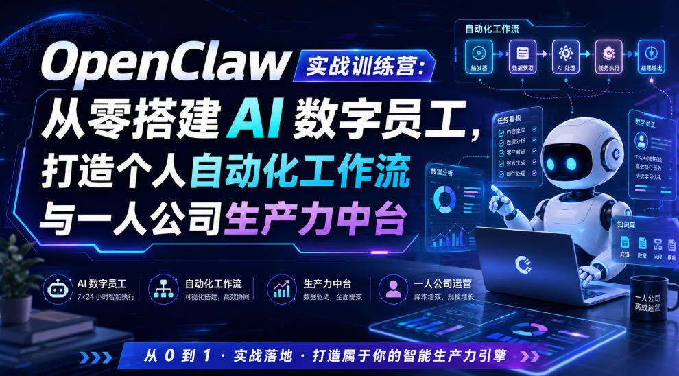 OpenClaw实战训练营:从零搭建AI数字员工,打造个人自动化工作流与一人公司生产力中台-聚创源