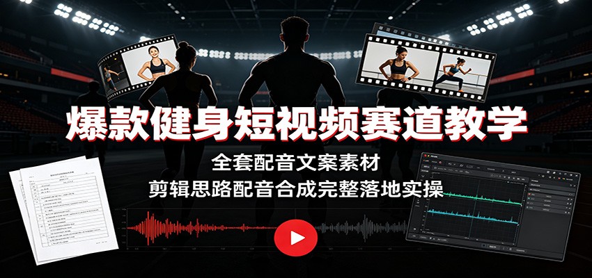 爆款健身短视频赛道教学：全套配音文案素材，剪辑思路配音合成完整落地实操-聚创源