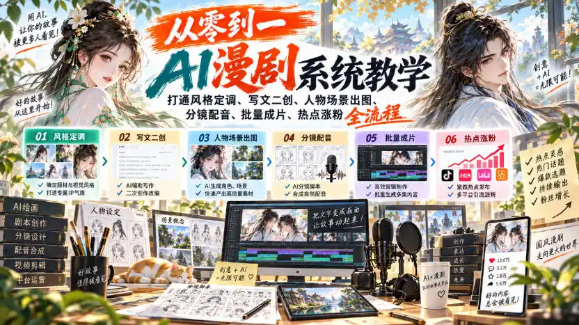 从零到一AI漫剧系统教学，打通风格定调、写文二创、人物场景出图、分镜配音、批量成片、热点涨粉全流程-聚创源