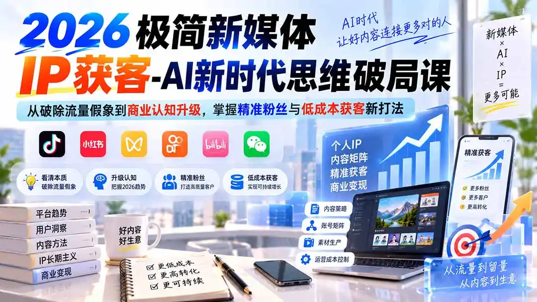 2026极简新媒体IP获客-AI新时代思维破局课：从破除流量假象到商业认知升级，掌握精准粉丝与低成本获客新打法-聚创源