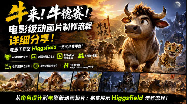牛来!牛德赛!电影级动画片制作流程详细分享!电影工作室Higgsfield一站式创作平台,完整创作流程-聚创源