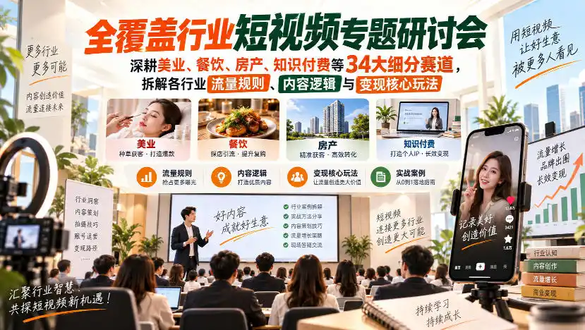 短视频专题研讨会，深耕美业、餐饮、房产、知识付费等34大细分赛道，拆解各行业流量规则、内容逻辑与变现核心玩法-聚创源