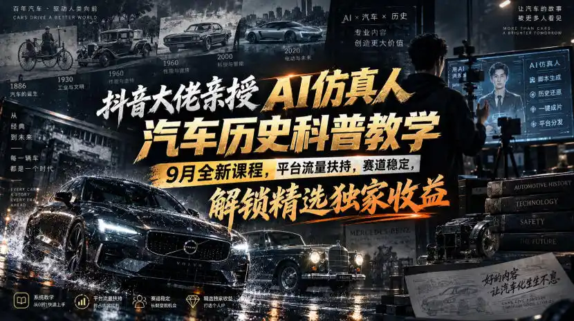 抖音大佬亲授AI仿真人汽车历史科普教学,9月全新课程,平台流量扶持,赛道稳定,解锁精选独家收益 抖音大佬亲授AI仿真人汽车历史科普教学,9月全新课程,平台流量扶持,赛道稳定,解锁精选独家收益