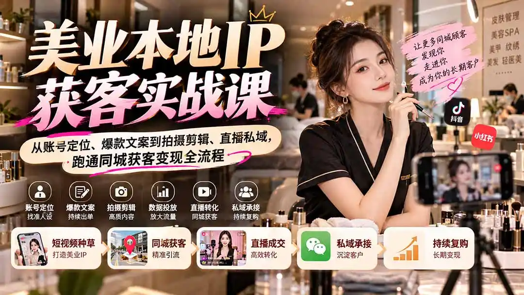 【无水印】美业本地IP获客实战课：从账号定位、爆款文案到拍摄剪辑、直播私域，跑通同城获客变现全流程-聚创源
