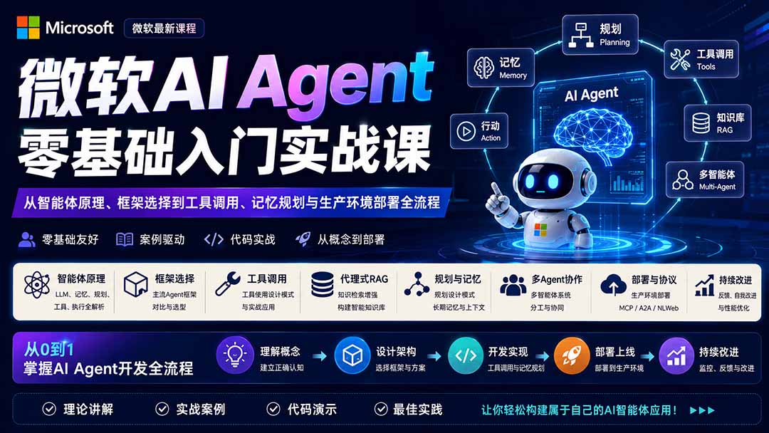 微软AI Agent零基础入门实战课：从智能体原理、框架选择到工具调用、记忆规划与生产环境部署全流程-聚创源
