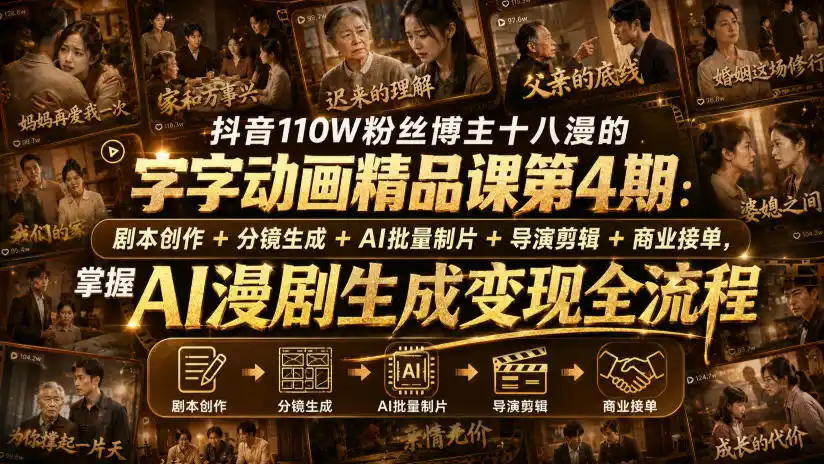 抖音110W粉丝博主十八漫的字字动画精品课第4期：剧本创作+分镜生成+剪辑+商业接单，掌握AI漫剧生成变现全流程(更新0916)-聚创源