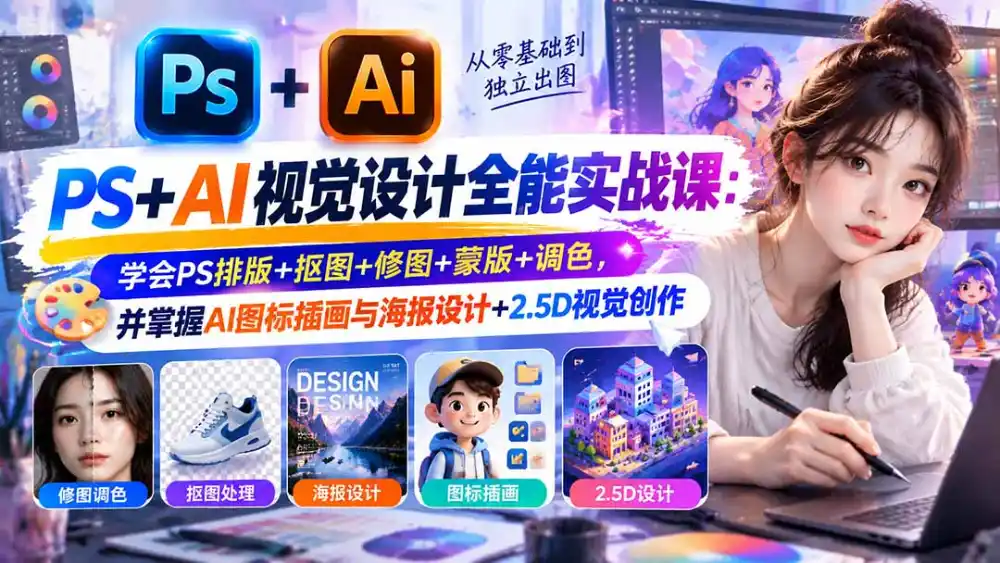 【无水印】PS+AI视觉设计全能实战课:学会PS排版+抠图+修图+蒙版+调色,并掌握AI图标插画与海报设计+2.5D视觉创作 【无水印】PS+AI视觉设计全能实战课:学会PS排版+抠图+修图+蒙版+调色,并掌握AI图标插画与海报设计+2.5D视觉创作