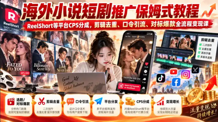 海外小说短剧推广保姆式教程｜ReelShort等平台CPS分成，剪辑去重、口令引流、对标爆款全流程变现课-聚创源