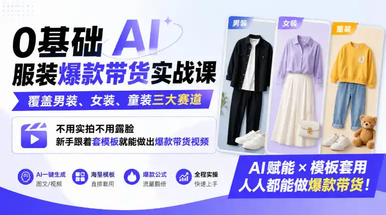 0基础AI服装爆款带货实战课|覆盖男装、女装、童装三大赛道,不用实拍不用露脸,新手跟着套模板就能做出爆款带货视频(更新1010)-聚创源