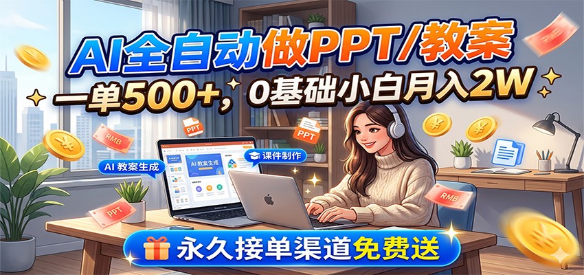 AI全自动做PPT/教案，一单500+，0基础小白月入2W，永久接单渠道免费送-聚创源