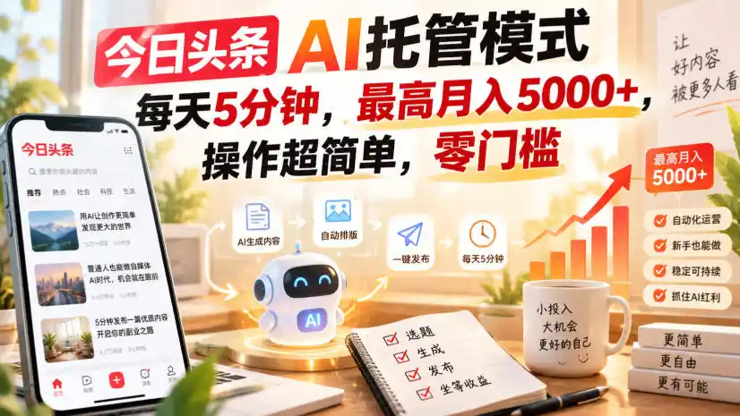 今日头条AI托管模式，每天5分钟，最高月入5000+，操作超简单，零门槛【揭秘】-聚创源