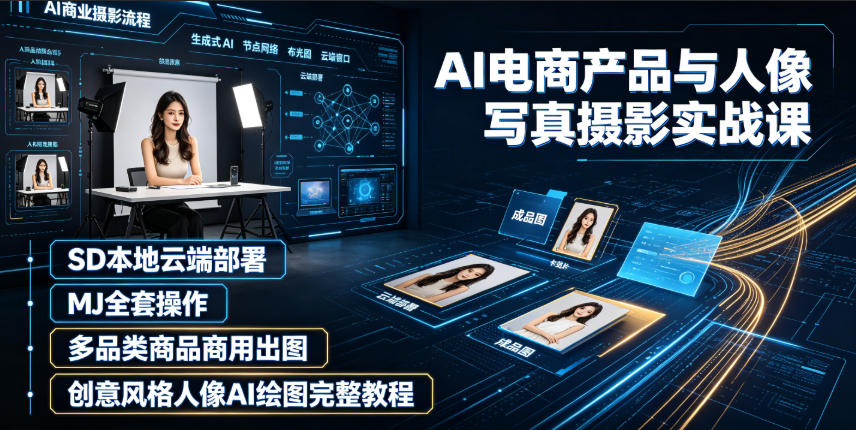AI电商产品与人像写真摄影实战课｜SD本地云端部署、MJ全套操作、多品类商品商用出图、创意风格人像AI绘图完整教程-聚创源